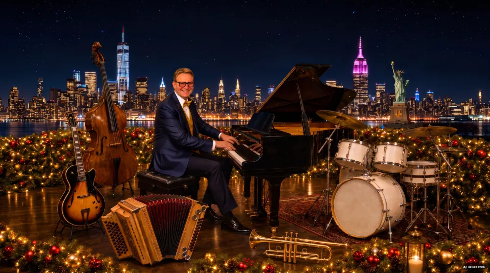 Michael Drexler at the grand piano in front of the New York skyline in Christmas lights